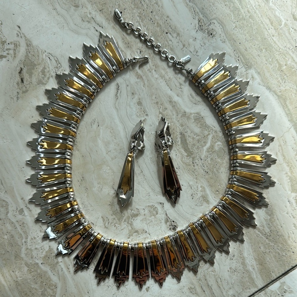 Vintage 70s Monet Silver and Gold Choker Necklace and Earring Set